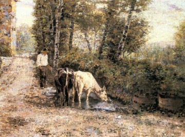  pool Oil Painting - Cows Watering At A Quiet Pool country Eugenio Zampighi